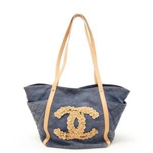Chanel Flower Design Denim Leather Shoulder Diamond Quilted Tote Bag Blue